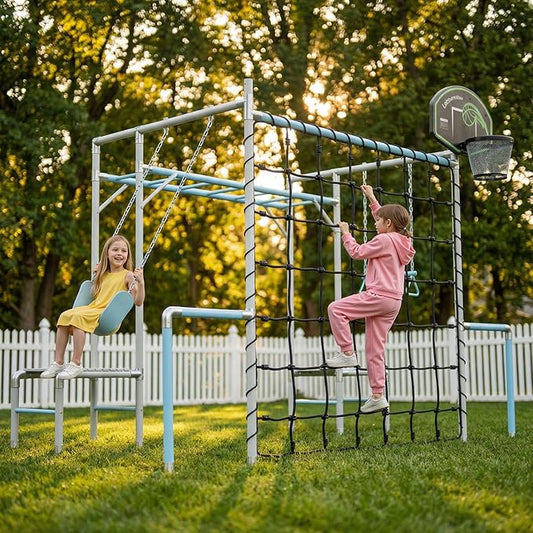 Outdoor Jungle Gym 7-In-1 with Climbing Net, Basketball Hoop, Monkey Bar, Climbing Set, Trapeze Swing Bar, Belt Swing, Kids Gymnastics Bar,Powder Coated Galvanized Steel for Backyard,White
