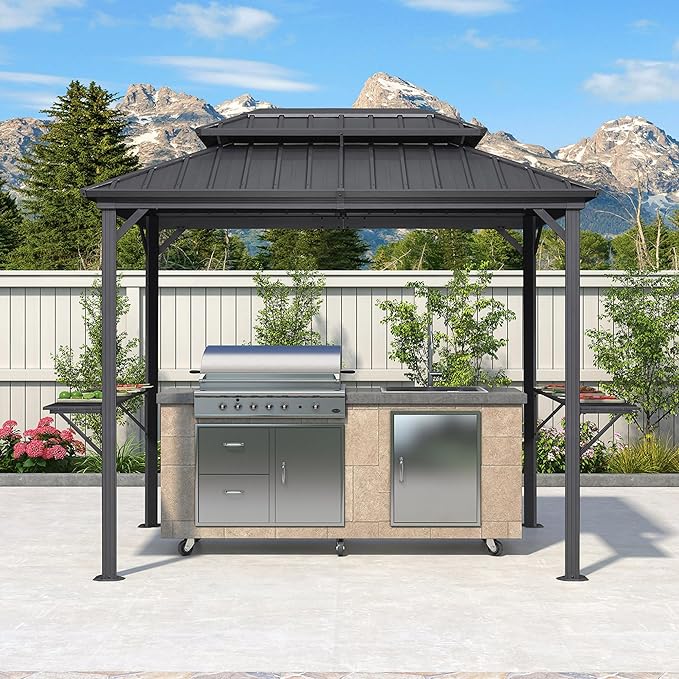 PURPLE LEAF 6' X 9' Hardtop Grill Gazebo for Barbecue Patio Permanent Metal Double Roof with Ceiling Hook and Shelves Outdoor Aluminum Sun Shade BBQ Gazebo