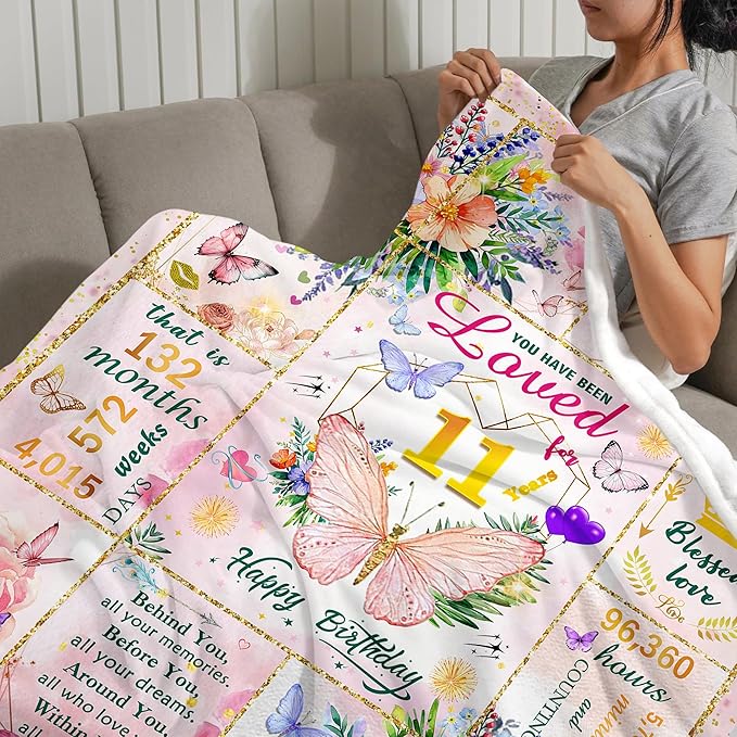 11 Year Old Girl Birthday Gifts, Gift for 11 Year Old Girl, Super Soft Cool Funny Pink Butterfly Flower Blanket for Girls, 11th Birthday Decorations for Girls, Warm Cozy Plush Fuzzy Blanket 50"x40"