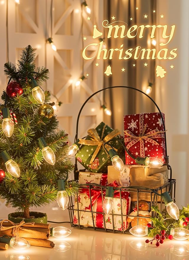 Minetom Vintage C9 LED Christmas Lights Outdoor Warm White, 50 Feet C9 String Lights for Christmas Tree Roofline Holiday Party Indoor Outdoor Garden Patio Backyard Cafe Xmas Decoration, Green Wire