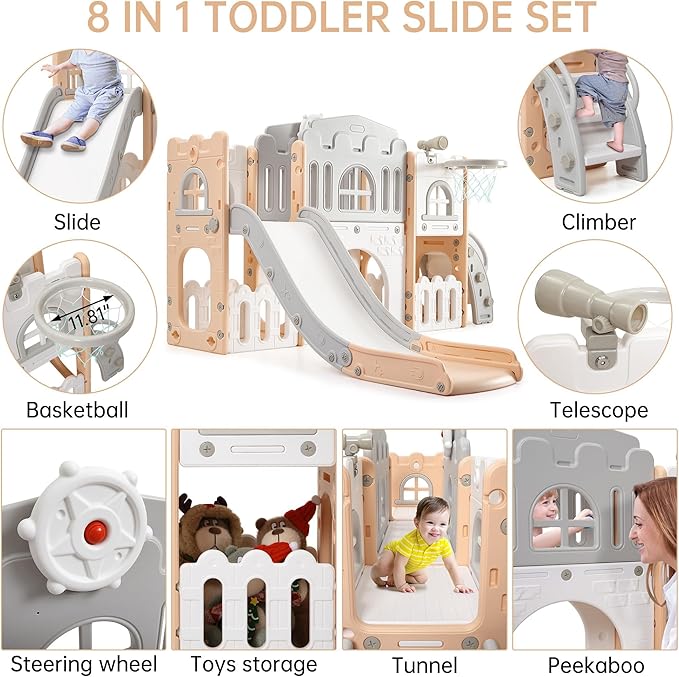 8-in-1 Toddler Slide & Climber Playset for Kids 1-3 Years, Indoor Outdoor Activity Center with Basketball Hoop, Tunnel, Telescope, Steering Wheel & Storage, Safe HDPE Backyard Fun House