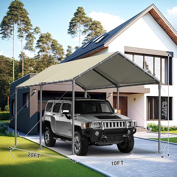 Outdoor Carport 10x20ft Heavy Duty Car Tent, Portable Garage Canopy Storage Shed, All-Season Tarp Tent for Car, Party (Bg)