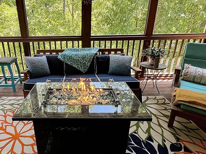 44in Outdoor Propane Gas Fire Pit Table, 50,000 BTU Auto-Ignition Gas Firepit with Glass Wind Guard, Marble Tile Tabletop, Mixed Color Glass Rocks, Brown PE Rattan¡¦