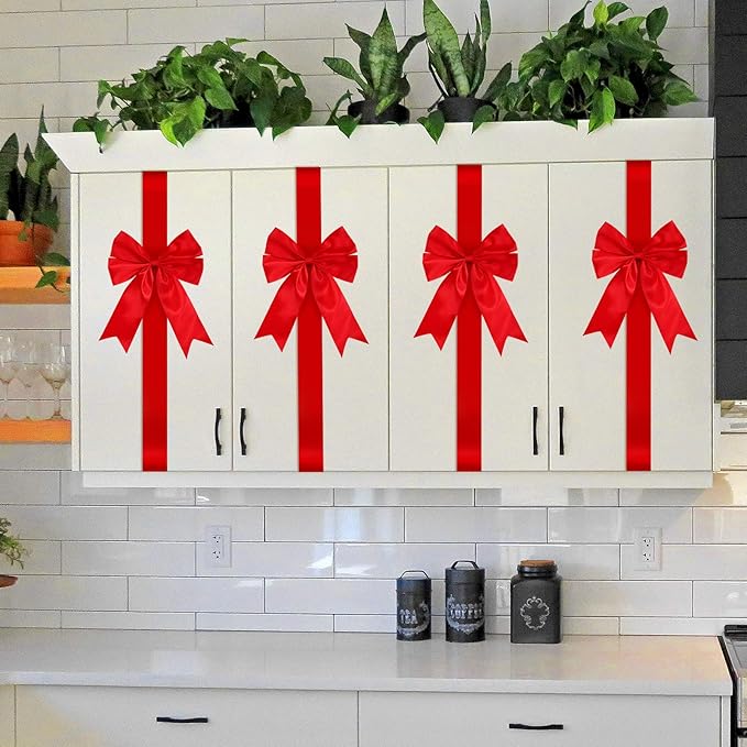 BBTO 6 Pcs Christmas Cabinet Door Red Green Festive Ribbons 8x40 Inches Large Bow Christmas Wreath Tree Bow Festival Wrapping Decorations for Home Fireplace Door Chair Holiday Party Supplies