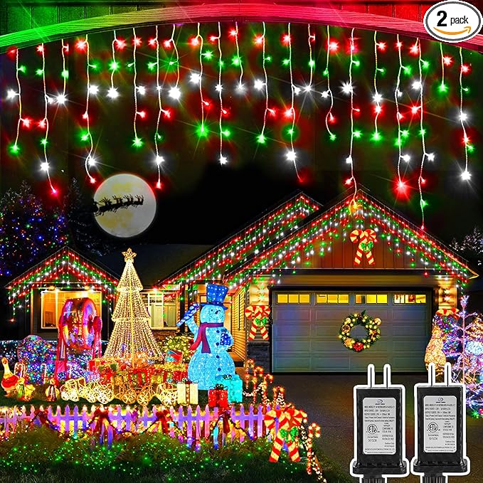 Christmas Lights Outdoor, 2 Pack Total 98FT 960 LED Ice Lights for Outside with 180 Drops 8 Modes Timer Memory, Plug in Waterproof for Holiday Eaves Yard Roof Party Decor (Red Green and Cool White)