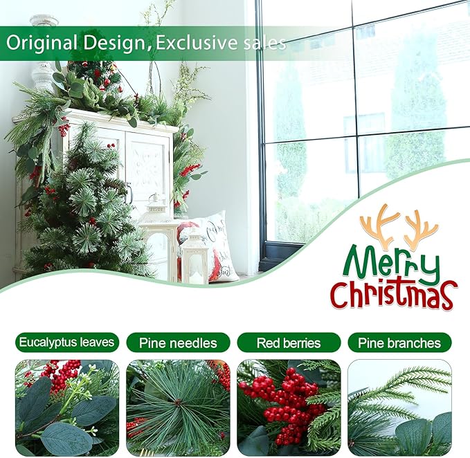 Joyhalo Christmas Garland with Lights, 6FT Prelit Christmas Greenery Garland Battery Operated Lighted Christmas Garland for Mantle, Stairs Railing, Outdoor, Indoor Decoration