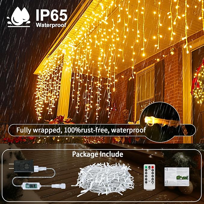 Icicle Lights for Outside, 167ft 1760 LED Icicle Christmas Lights Outdoor Waterproof, 352 Drops with Remote, 8 Modes & Dimmable, Timer for Christmas, Wedding, House, Roof Decoration, Warm White