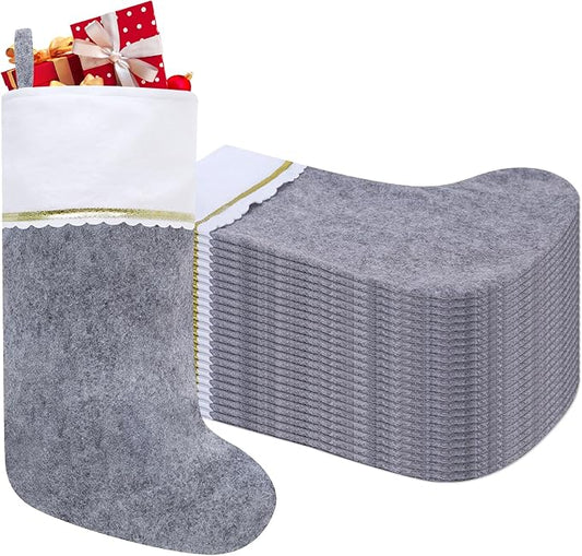 24 Pack Felt Christmas Stockings, 19 Inches Grey and White Christmas Stockings, White Cuff with Gold Trim Christmas Stockings for Family Christmas Holiday Decorations