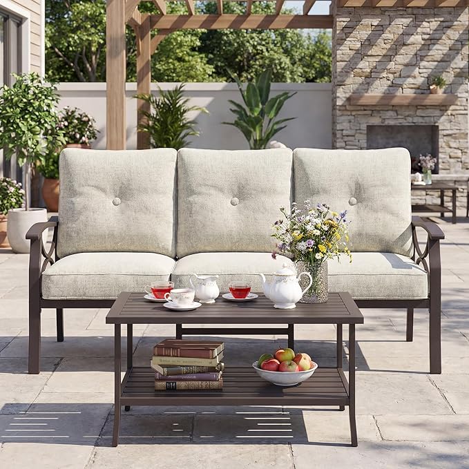 3 Seats Outdoor Patio Furniture Set, Outdoor Metal Sectional Furniture with Cushions, Outdoor Conversation Set with Coffee Table for Deck, Balcony, Backyard, Garden, Khaki