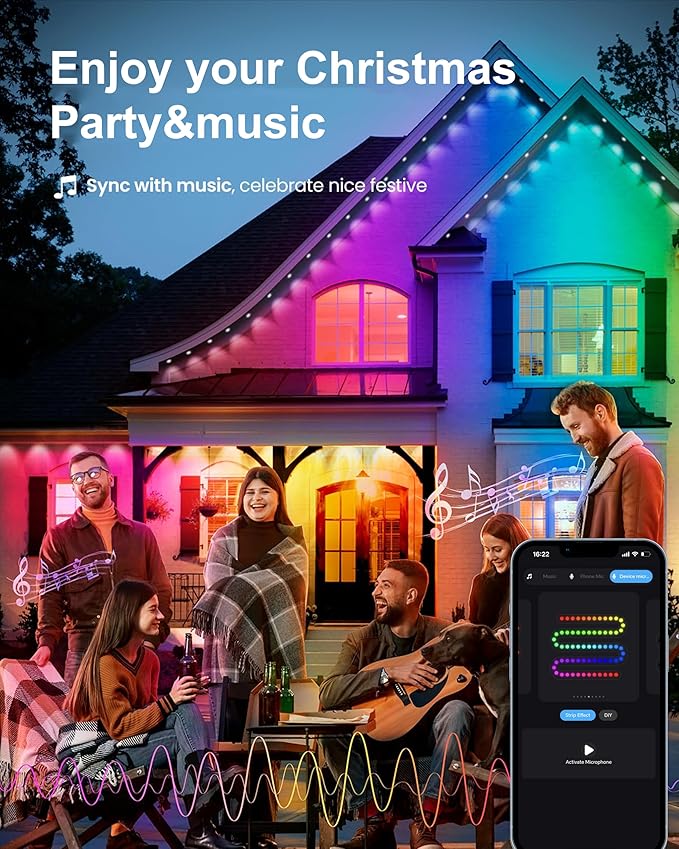 Smart Permanent Outdoor Lights, 100ft with 60 RGBW+IC LED String Lights, IP67 Waterproof Eaves Light with 108 Scene Modes for Halloween Christmas Birthday Holiday Party, APP/Remote Control