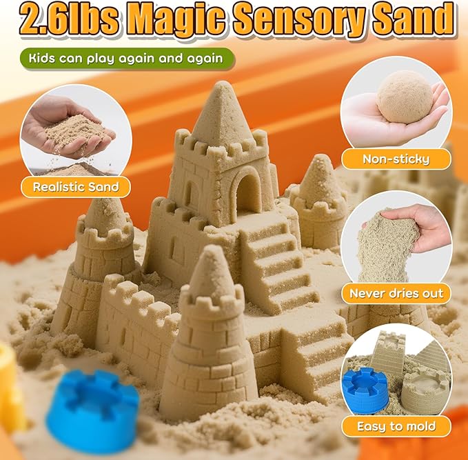 Lehoo Castle Sensory Table with Sensory Sand, Indoor Sensory Bin with Lid & 2.6lbs Play Sand, Construction Kit with 6 Alloy Trucks & Castle Molds, Sensory Toys for Toddler Boys and Girls