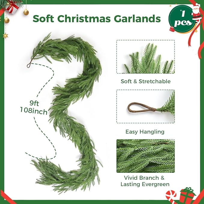9FT Christmas Norfolk Pine Garland, Artificial Pine Needles Winter Garlands Faux Greenery Fake Garland for Holiday Fireplace,Table, Window, Stairs, Mante, Indoor Outdoor Decor (1 Pack, 9 FT)