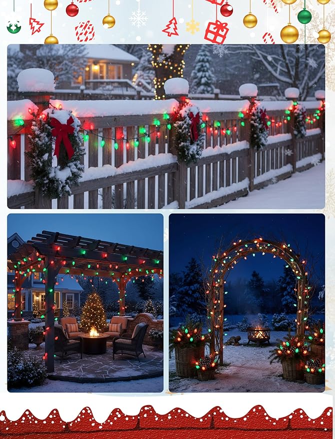 C7 LED Christmas String Lights,25ft LED Outdoor Christmas Light with 27 Red＆Green Bulb(2 Spare),Connectable Red and Green String Lights for Tree Yard Garden Porch Party Decor