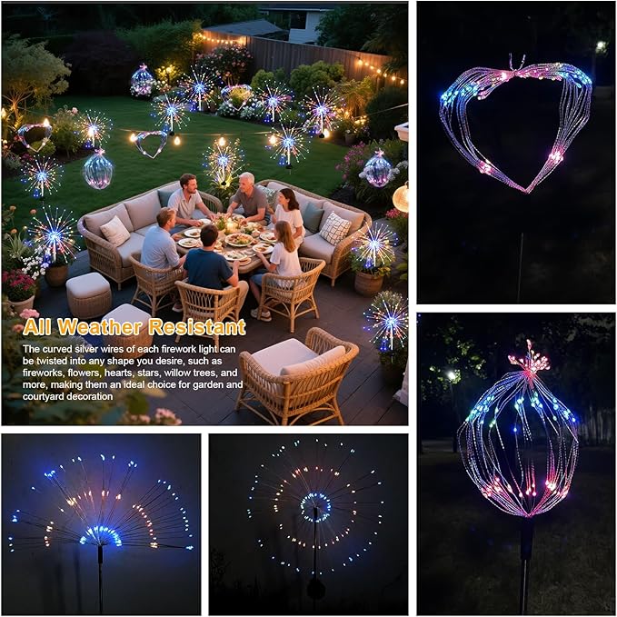 Solar Garden Firework Lights Outdoor Waterproof, 2 Pack Solar Lighting with 8 Lighting Modes , 120 LED Sparklers String Lights for Outside Decor Yard Pathway Halloween Decorations(Colorful)