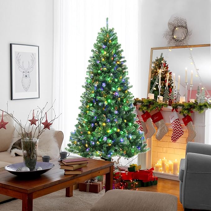 GOFLAME 7ft Artificial Christmas Tree, Pre-lit Xmas Tree 9 Lighting Modes w/ 1181 PVC Branch Tips & 500 Color-Changing LED Lights, Holiday Festival Decoration Tree with Remote Control and Metal Stand