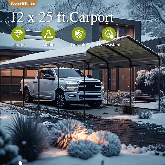 Sophia & William Carport Car Port Metal Canopy 12x25 ft Heavy Duty for Snow, Portable Garage Kit Shed Tent Shelter Metal Frame All Weather Outdoor for Boat with Anti-Leak Seam Taped, Dark Grey
