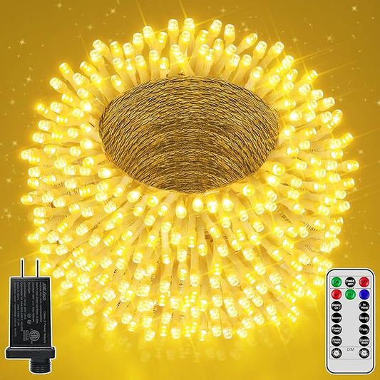 328FT 1000 LED Christmas Lights Outdoor Waterproof, Timer & Memory Function, 8 Modes Warm White String Lights Plug in Twinkle Lights for Xmas Tree Holiday Garden Party Decor