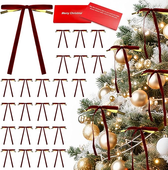 24 Pcs Velvet Bows for Christmas Tree Ribbon Bows for Home Tree Garland Wreath Indoor Rustic Crafts Gift Xmas Decorations Holiday Wedding Outdoor (Burgundy)
