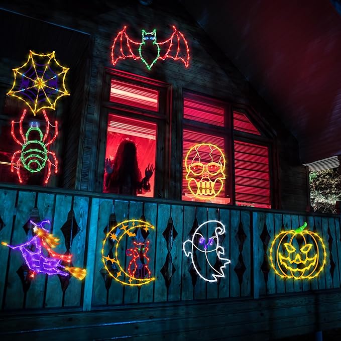 Halloween decorations16 Halloween Window Silhouette Lights Decorations - 4 Pack Colour Lighted Witch ＆ Bat ＆ Skull Head ＆ Cat on Moon for Holiday Indoor and Outdoor Wall Door Window Decorate