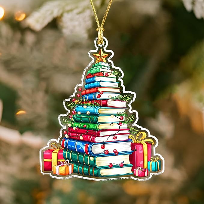 Book Lover Christmas Ornament – Book Tree Acrylic Ornament for Readers, Teachers, Librarians – Book Ornaments for Christmas Tree for Bookworms and Literary Fans 2025
