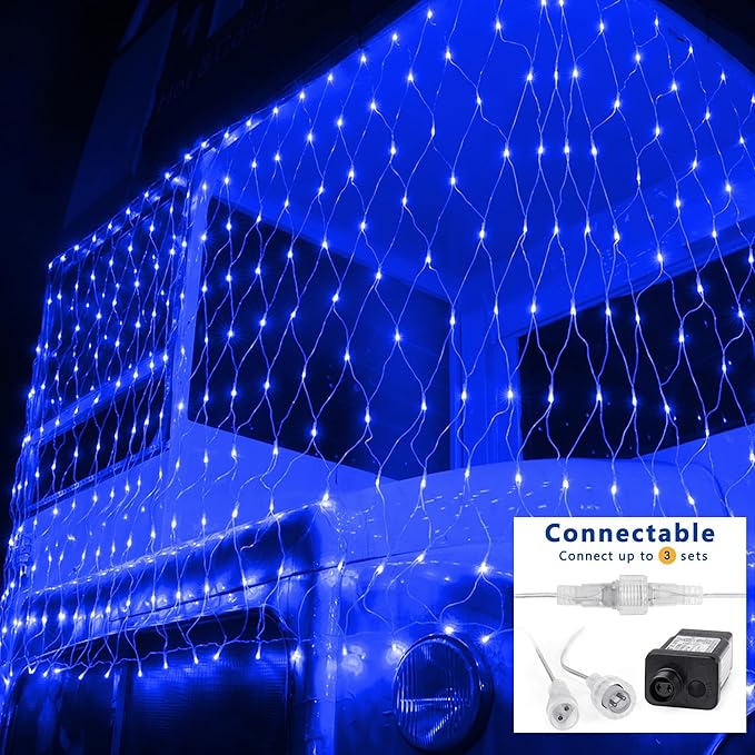 Joomer Christmas Net Lights - 12FT x 5FT 360 LED Plug-in Mesh Lights, Waterproof with 8 Modes, Timer, Connectable for Bushes, Trees, Garden, Outdoor Christmas Decor (Clear Wire, Blue)