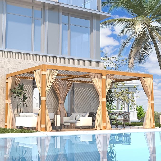 EROMMY Louvered Pergola 12' x 20' Outdoor Hard Top Gazebo with Wooden Grain Aluminum Frame and Adjustable Metal Rainproof Roof for Garden & Patio, Curtains and Netting Included, Wood Grain
