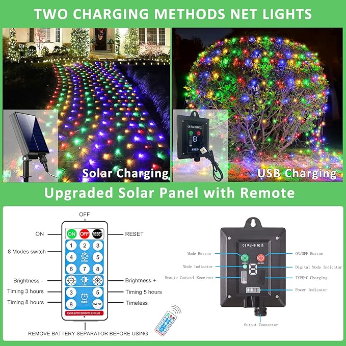 11.5ft x 5ft Solar Net Lights Outdoor, Solar & USB 2 Power Way 240 LED Waterproof Mesh Lights for Bushes, Remote Control 8 Modes String Light Trees Patio Garden Christmas Indoor Decor (Multicolor)