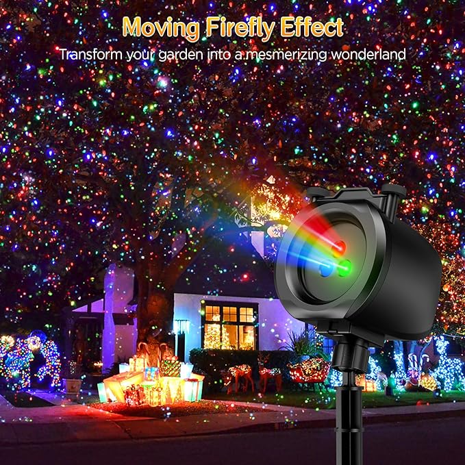 Christmas Lights Projector Outdoor, 2-in-1 Holiday Light Projector with 4 Slides & 8 Brighter HD Patterns, Moving RGB Firefly Effects Light for Christmas Decorations, Halloween, Yard & Garden