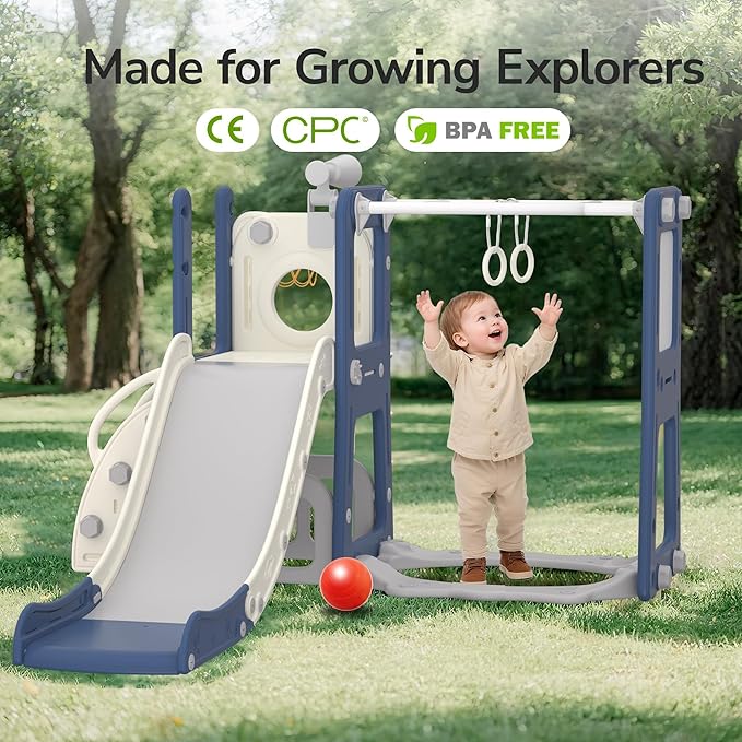 9 in 1 Toddler Slide and Swing Set with Basketball Hoop, Drawing Board, Rings & Telescope Indoor Outdoor Playset for Kids, Playground Activity Center, Toddler Swing and Slide Set