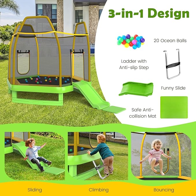 GYMAX Trampoline for Kids, ASTM Approved 7FT Trampoline with Slide, Ladder, Ocean Balls & Mats, Small Indoor/Outdoor Toddler Recreational Trampoline with Enclosure Net, Backyard Trampoline