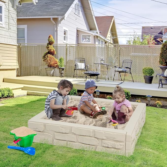 Costzon Kids Sandbox with Cover, 47x 47 HDPE Sand Box w/Oxford Cover, Bottom Liner, Reinforced Structure, Weather Resistant Outdoor Sand Pit for Backyard Lawn Garden Beach (Oxide White)