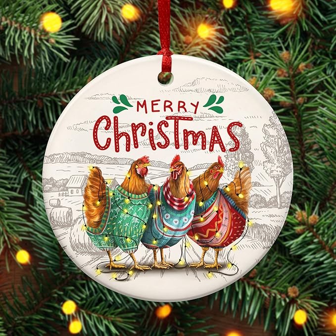 OASSIE Chicken Ornaments for Christmas Tree - Ceramic Christmas Ornaments 2025 - Chicken Ornaments for Xmas Tree, Rustic Home Decor, Rooster Gifts for Women Men Family Friends