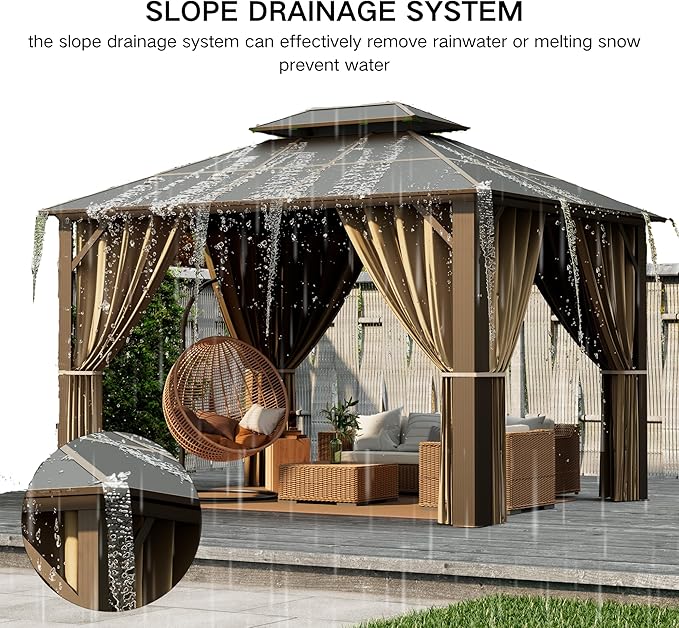 Kingdura Hardtop Gazebo 10'x12' with Double Polycarbonate Roof Canopy, Outdoor Gazebo with All-Weather Resistant Aluminum Frame Permanent Pavilion, UV Blocking for Patio Lawn Garden