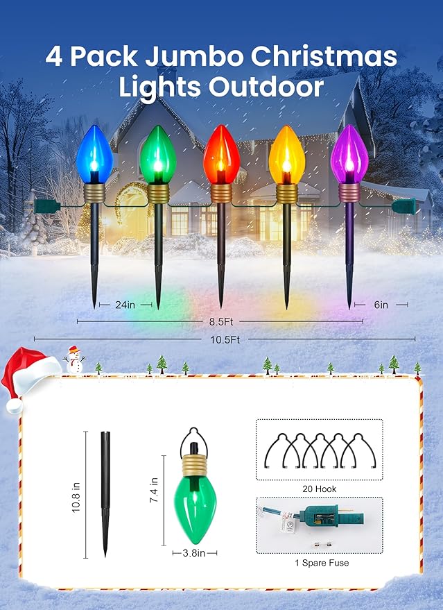 Christmas Lights Jumbo C9 Outdoor Lawn Decorations with Pathway Marker Stakes, 4 Pack 10.5 Feet String Lights Covered Jumbo Multicolored Light Bulb for Holiday Outside Yard Garden Decor, 20 Lights