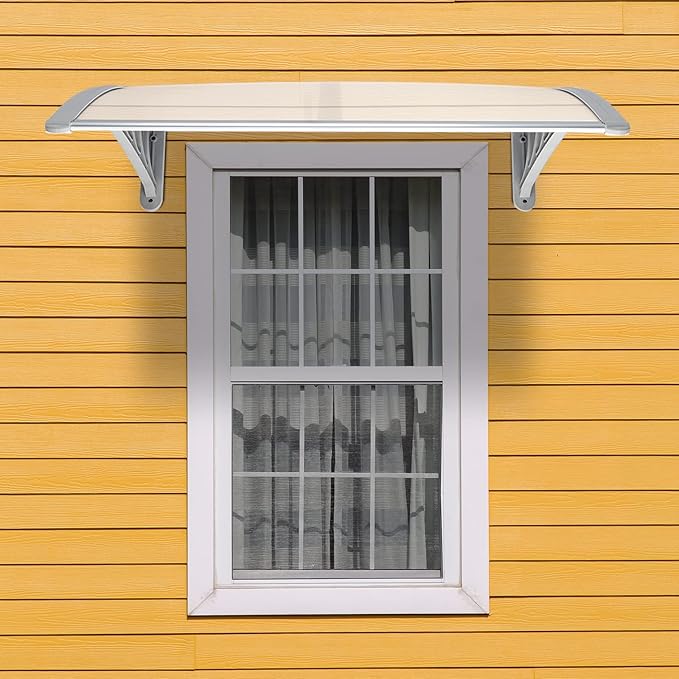 Window Awning Door Canopy Exterior- 32" x 40" Aluminum Door Awning, Polycarbonate Cover Patio Canopy Awning for House, Outside, Rain Snow & UV Resistant (Clear Board & Grey Bracket)