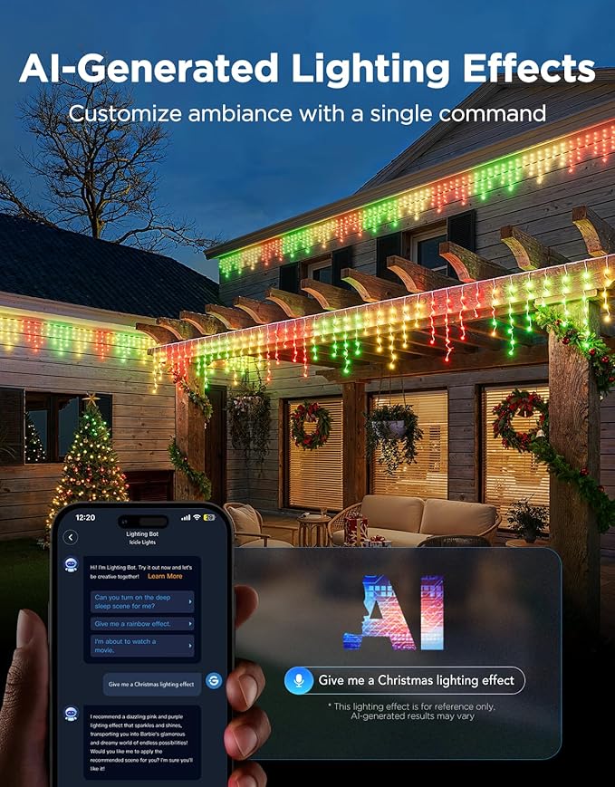 Govee Icicle Lights, Smart RGBIC Christmas Lights for Outside, 66ft with 800 LEDs Icicle Light for Outdoor, IP67 Waterproof, Music Sync, Voice Control, 78+ Scene Modes for Christmas Decor