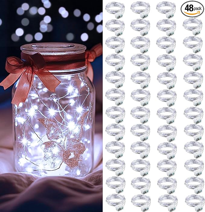 AIKEI 48 Pack LED Fairy Lights Battery Operated, Fairy String Lights Waterproof 7 Feet 20 Led Firefly Starry Lamps for Wedding Party Bedroom Garden Halloween Christmas Decoration White