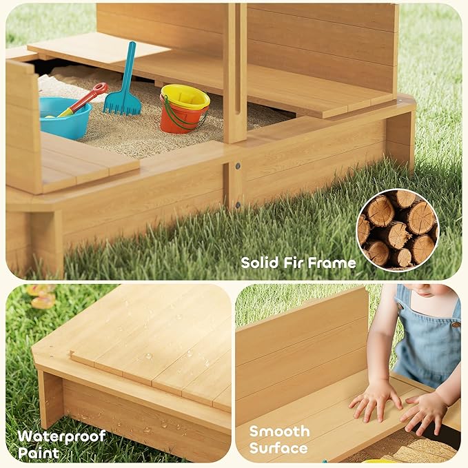 Outsunny Wooden Sandbox with Lid, Kids Sandbox with Canopy Outdoor, Sand Box with Foldable Bench Seats and Sand Protection, Bottom Liner Included, Kids Gift for Aged 3-7, 47X47 in, Brown