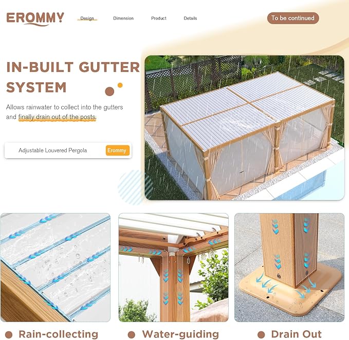 EROMMY Louvered Pergola 12' x 20' Outdoor Hard Top Gazebo with Wooden Grain Aluminum Frame and Adjustable Metal Rainproof Roof for Garden & Patio, Curtains and Netting Included, Wood Grain