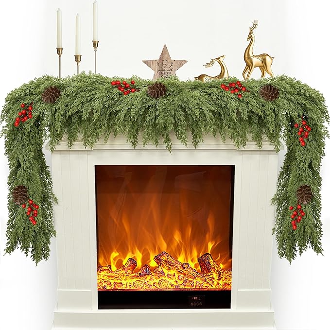 6FT Artificial Cedar Christmas Garland for Mantle Christmas Decorations Real Touch Realistic Greenery Faux Pine Garlands for Xmas Home Decoration Fake Winter Indoor Outdoor Garland Door Decor