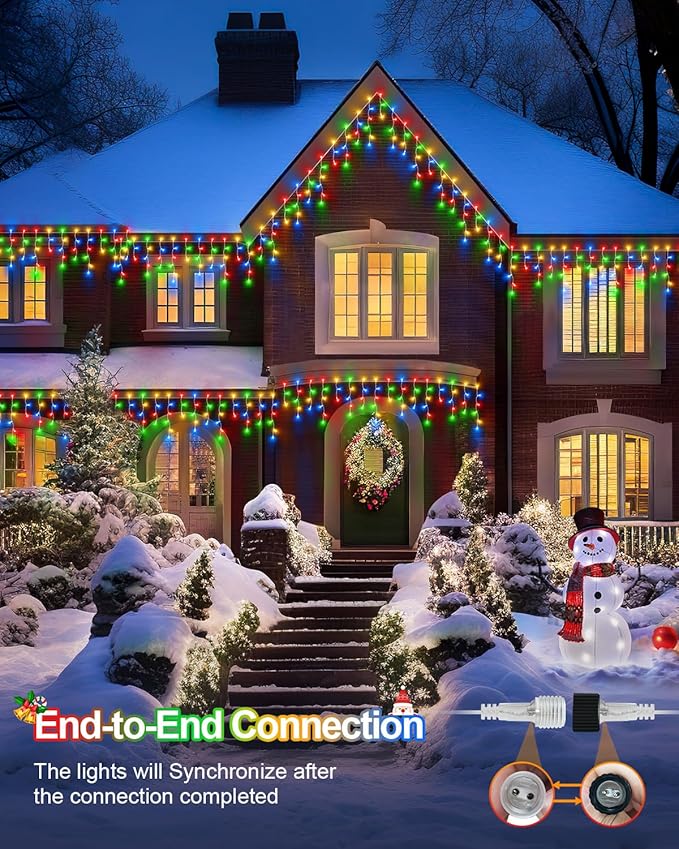 Christmas Lights Outdoor, 53 FT 486 LED String Lights for Outside, Timer & Memory, Plug in 8 Modes Hanging Fairy Lights with 108 Drops for House Eaves Holidays Decorations Multicolor to White
