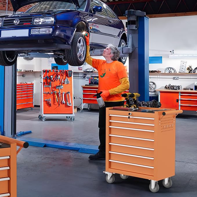 7-Drawer Tool Chest,Rolling Tool Cart with Wheels,High Capacity Tool Cabinet with Locking System for Garage, Warehouse, Workshop-Orange