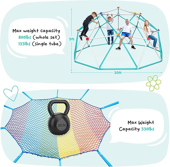 Hapfan Climbing Dome with Climbing Cargo Net, 10 ft Dome Jungle Gym with Hammock for Kids Outdoor Playset Monkey Bars Backyard