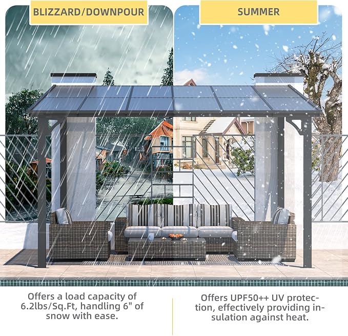 U-MAX 10' x 12' Outdoor Pergola Gazebo, Wall-Mounted Lean to Metal Awnings Gazebos on Clearance for Patio, Large Panel Roof Pergolas and Gazebo for Outdoor Use