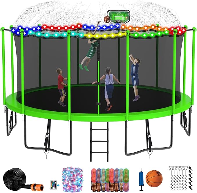 DeepRoar 2026 Upgraded 8FT 10FT 12FT 14FT 15FT 16FT Outdoor Tranpoline for Kids, Big tranpoline with Basketball Hoop, Lights, Sprinkler & Socks, Heavy Duty tranpoline 1500LB, ASTM Approved Tranpoing