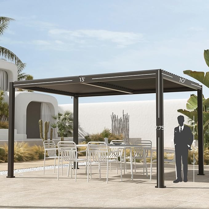 Grand Patio Outdoor 10x13 Aluminum Pergola with Adjustable Louvers and Integrated Drainage System – Outdoor Patio Canopy, Easy Assembly, Carbon