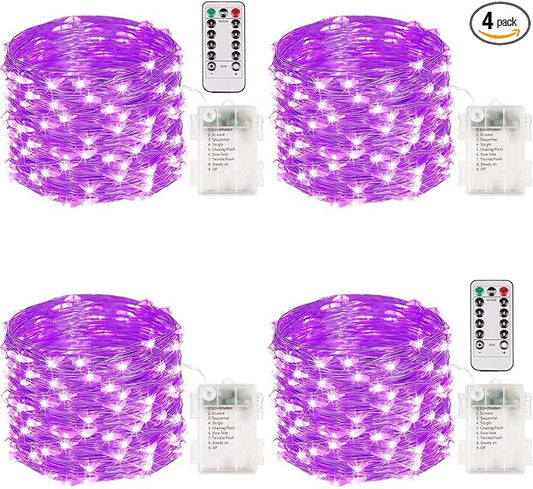 4 Pack 100 LED Halloween Fairy Lights Battery Operated with Remote, 33FT Waterproof Twinkle Lights with Timer & 8 Modes, Fairy String Light Outdoor Indoor for Bedroom Classroom DIY Decor (Purple)