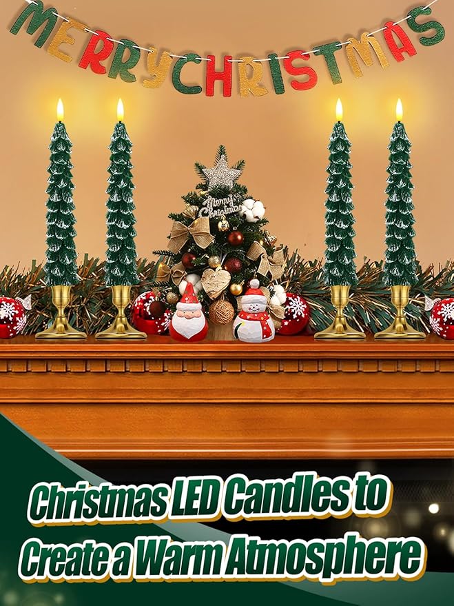 4 Pack Christmas Tree Candles - Real Wax Flameless Taper Candles, 9.7in Green Candlesticks for Christmas Home Table Fireplace Decorations Party Supplies