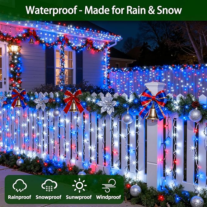 750 LED Chrstmas Lights, 240ft Outdoor Christmas String Lights with 12 Modes, Red White and Blue LED String Lights with Timer Dimmable Waterproof for Tree Fence Garden Xmas Wedding Party Decor