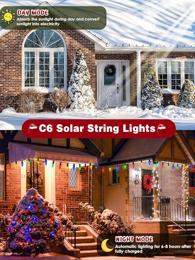 C6 Solar Christmas Lights Outdoor, 100 LED 33FT Christmas Decorations Outdoor Waterproof, Solar String Lights for Outside with 8 Modes, Fairy Twinkle Light for Tree Garden Yard Xmas Decor (Multicolor)